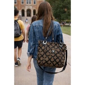 Coach Op Art Tote Bag Brown Black Coated Canvas Crossbody Large Zip Designer